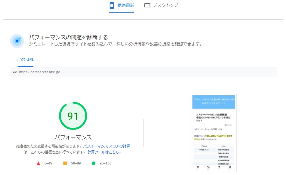 PageSpeed Insightsの計測結果